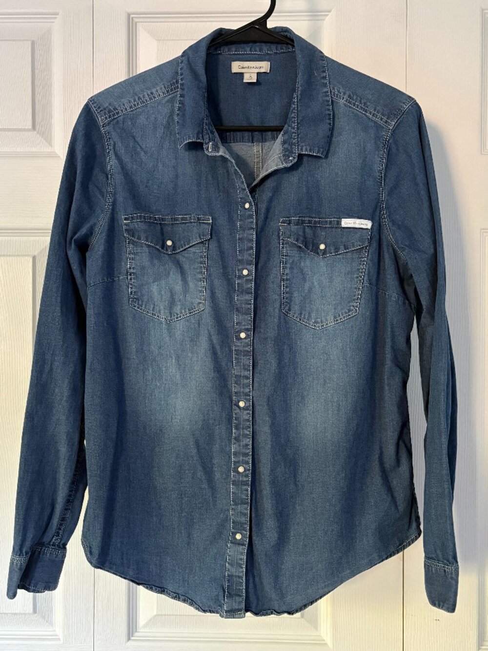 Calvin Klein Jeans Blue Denim Pearl Snap Long Sleeve Shirt Size L Western